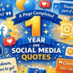 A celebratory featured image for a page completed 1 year on social media quotes with balloons, confetti, and social media icons.