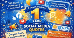 A celebratory featured image for a page completed 1 year on social media quotes with balloons, confetti, and social media icons.
